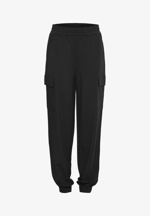 Mustad mustad püksid, mis on valmistatud pehmest kangast; omadused hõlmavad elastset vööd, ribaga mansette ja kahte suurt küljetaskut hoiustamiseks.