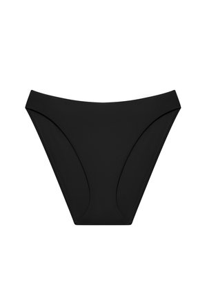 Μαύρο κάτω μέρος μπικίνι με ψηλή μέση και μέτρια κάλυψη. Κατασκευασμένο από λεία, ελαστική ύλη με απρόσκοπτες πλευρές και ελάχιστες λεπτομέρειες.