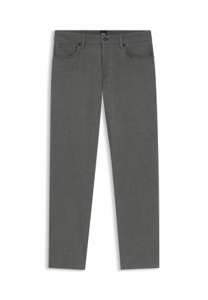 Pantalon homme droit gris foncé avec passants de ceinture, fermeture par bouton et zip à l'avant, poches avant et arrière.