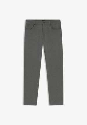 Pantalon homme droit gris foncé avec passants de ceinture, fermeture par bouton et zip à l'avant, poches avant et arrière.
