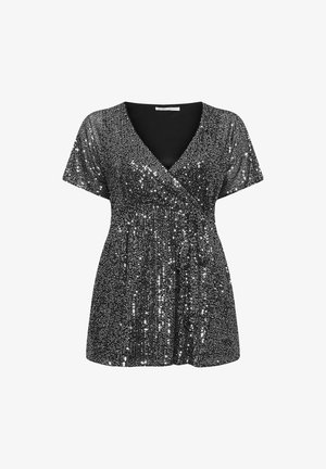 Sort top med v-hals, korte ærmer og en samlet talje. Dækket med pailletter, hvilket skaber en skinnende, struktureret overflade.
