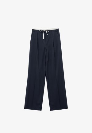 Marinefarbene, weit geschnittene Hosen mit einem weißen Kordelzug in der Taille. Sie verfügen über Falten und eine glatte Textur. Hergestellt aus einem leichten Stoff.