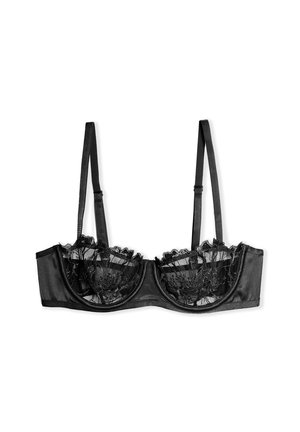 Sujetador de satén negro con copas de encaje que presentan bordes ondulados. Tirantes ajustables y soporte con aros. Textura suave con detalles de encaje floral.