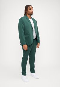 Zelený elegantný oblek s jednoradovým sakom, zodpovedajúcimi nohavicami a bielymi teniskami. Hladká textúra; minimalistický dizajn; žiadne viditeľné vzory.