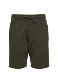 Pantalones cortos de color verde oliva fabricados con tejido suave, que cuentan con una cintura elástica con cordón ajustable, dos bolsillos laterales y costuras cosidas.