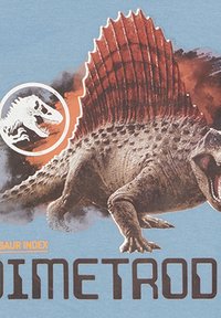 T-shirt met een spinosaurus afbeelding in bruine en grijze tinten, met een rode stekelrug, en tekst die "DIMETROD" aan de onderkant zegt.