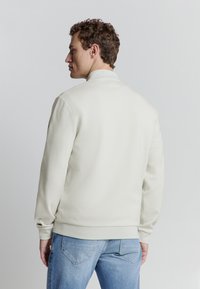 Lichtgrijze sweater met een hoge kraag, voorzien van ribbels aan de mouwen en onderkant. De stof lijkt glad en lichtjes geweven. Aanzicht van achter.