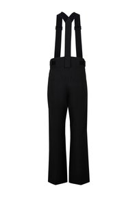 Schwarze verstellbare Hosenträgerhosen mit geradem Bein-Design. Hergestellt aus strapazierfähigem Stoff mit glatter Textur und minimalen Details.