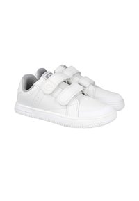 Zapatillas blancas de cuero con dos correas de Velcro, suela de goma texturizada y un interior acolchado, con un sutil logotipo en la lengüeta.