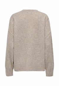 Pull en laine beige à coupe ample, épaules tombantes, avec poignets et ourlet côtelés, présentant une texture douce et un design minimaliste.
