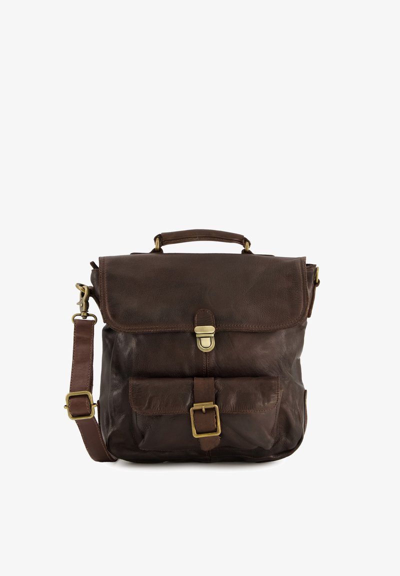 Brown leather bag with a flap closure, metal buckle, and adjustable shoulder strap. Features two front pockets and textured surface.