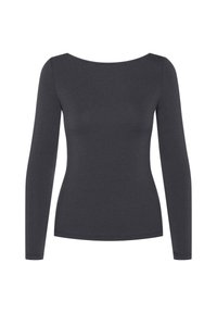 Langärmliges, dunkelgraues Oberteil aus weichem Stoff; hat einen runden Ausschnitt und eine taillierte Silhouette, ohne sichtbare Muster oder Akzente.