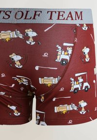 Vinröda boxershorts med tecknad golfande Snoopy och Woodstock. Det elastiska midjebandet har texten "GOLF TEAM" i kontrasterande röd färg.