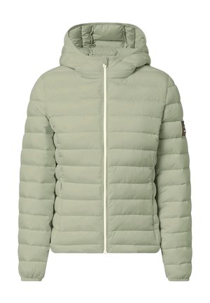 Veste matelassée à capuche de couleur vert clair, avec fermeture éclair à l'avant, poignets élastiques et poches latérales.