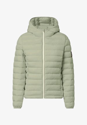 Veste matelassée à capuche de couleur vert clair, avec fermeture éclair à l'avant, poignets élastiques et poches latérales.