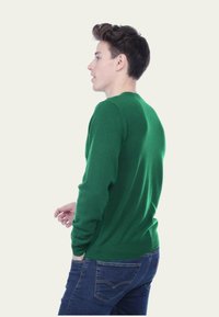 Pull en tricot vert avec des manches longues, un col rond classique et une texture lisse, associé à un jean en denim bleu.