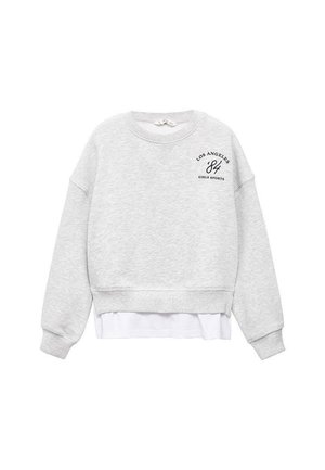 Sweatshirt gris à col rond avec une sous-couche blanche, texte brodé "Los Angeles 84 Girls Sports", poignets et ourlet côtelés.