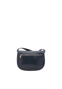 Leder-Umhängetasche in dunklem Marineblau mit glatter Textur, geschwungenem Design und einem Reißverschlussfach auf der Vorderseite. Verfügt über einen einfachen Tragegurt.