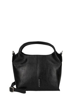 Black leather handbag with short handle and adjustable shoulder strap, featuring vertical "BURKELY" logo in the center front.