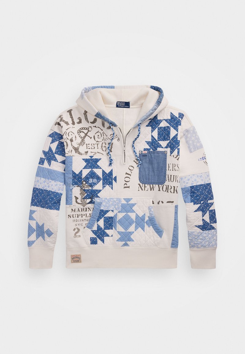 Pullover hoodie med et patchwork-design i forskellige nuancer af blå. Har en kænguru-lomme, snoretræk til hætten og trykte grafikker.