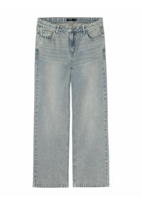 Jeans de mezclilla de pierna ancha en azul claro con cintura alta, cierre frontal de botón y cremallera, y diseño de cinco bolsillos.