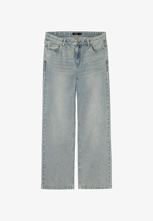 Jeans in denim azzurro chiaro a gamba larga con vita alta, chiusura frontale con bottone e zip, e design a cinque tasche.