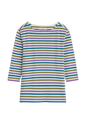 Striped long-sleeve top with a wide neck. Features alternating stripes in teal, green, purple, and white. Soft fabric with a relaxed fit.