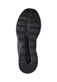 Suola di scarpa sportiva nera con gomma testurizzata e molteplici disegni per aderenza e supporto. Il design del battistrada include indentazioni rettangolari e circolari.