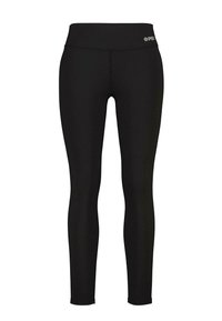 Svarta leggings gjorda av ett flexibelt tyg med hög midja. Har en logo vid midjan och en slät, åtsittande design.