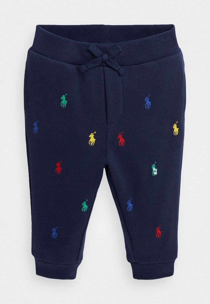 Pantalons de survêtement bleu marine avec taille élastique et cordon de serrage ; présente des logos de polo brodés multicolores et des bords côtelés.