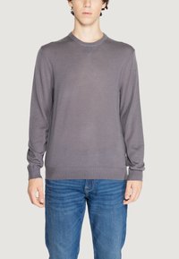 Maglione grigio a maglia con maniche lunghe, polsini e orlo a coste, caratterizzato da un collo a giro e un sottile motivo testurizzato. Indossato sopra jeans blu.
