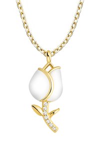 Gul kæde med en rosevedhæng, der har en hvid emalje blomst og en stilk prydet med små klare krystaller.