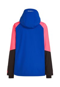 Veste bleue avec manches supérieures roses et manches inférieures noires, avec une capuche arborant un logo blanc O'Neill dans le dos.