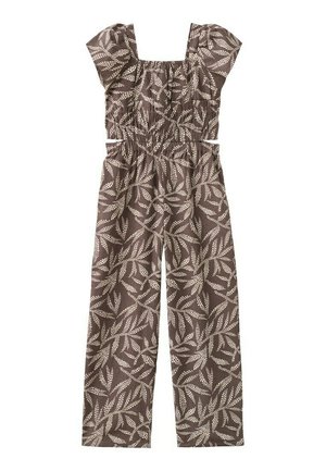 Combinaison marron à imprimé feuilles blanches en pointillés, jambes larges, encolure carrée, manches courtes volantées et taille élastique.
