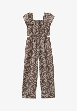 Smeđa kombinezon s bijelim uzorkom s točkicama u obliku listova, širokim nogavicama, četvrtastim izrezom, naboranim kap rukavima i elastičnim pojasom.