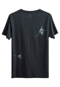 Zwarte katoenen T-shirt met een subtiele grafische print van kwallen en takken op de achterkant. Ronde halslijn, korte mouwen.