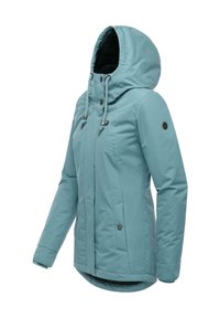 Light blue waterproof jacket with a hood, featuring a zip front closure, two side pockets, and interior fleece lining for warmth.