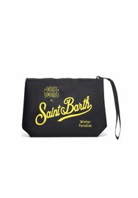 Bustina nera con cerniera e testo giallo che recita "Saint Barth Winter Paradise" con accenti. Presenta un cinturino da polso e una texture del tessuto liscia.