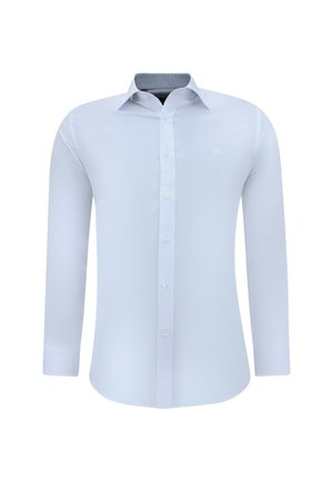 Wit slim-fit overhemd met lange mouwen, klassieke kraag en knoopsluiting aan de voorkant, met een subtiel geborduurd logo op de borst.
