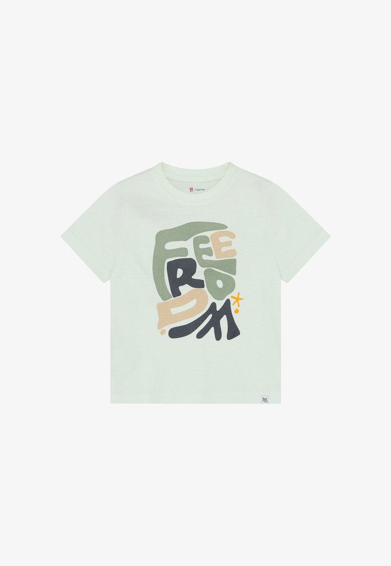 T-shirt en coton vert clair avec une impression graphique multicolore du mot « FREEDOM » dans différentes nuances, agrémentée d'une étoile stylisée.