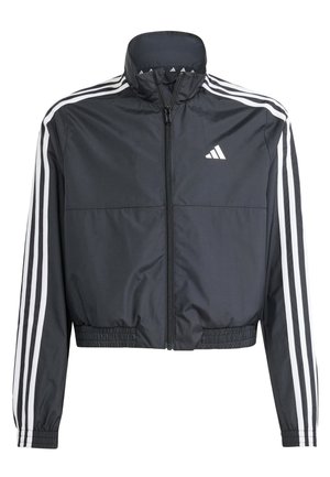 Schwarze, kurz geschnittene Track-Jacke mit Reißverschluss, weißen Adidas-Streifen an den Ärmeln und Logo auf der linken Brust, elastische Bündchen und Bund.