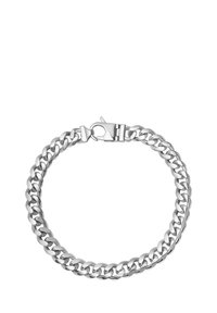 Srebrna bransoletka łańcuszkowa z dużymi, wzajemnie połączonymi ogniwami i zapięciem na zatrzask w postaci homara, charakteryzująca się polerowanym wykończeniem i gładką fakturą.