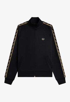 Veste de survêtement noire zippée avec un logo de couronne de laurier dorée sur la poitrine et des bandes à motif de couronnes dorées assorties le long des manches.