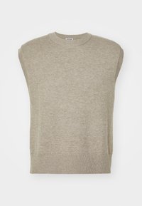 Pull sans manches en tricot de couleur beige clair, avec un col rond, un ourlet côtelé et un design simple avec une texture lisse.