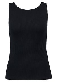 Top de tirantes negro con cuello redondo. Diseño ajustado y textura suave, adecuado para llevar por capas o como prenda independiente.