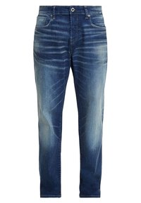 Tmavě modré džíny z denimu s vybledlým umytím, rovný střih nohavic, přední kapsy a zapínání na horní knoflík. Žádné ozdoby ani vzory nejsou viditelné.