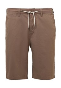 Braune Shorts aus leichtem Stoff, mit Knopfverschluss, Kordelzugbund, Seitentaschen und glatter Textur.