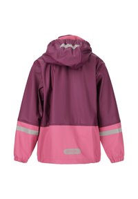 Vandafvisende jakke i mørk lilla og pink. Har hætte, elastiske manchetter, reflekterende striber og en glat, blank finish.