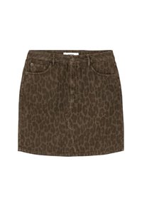 Jupe en denim marron avec un motif léopard noir, dotée d'une taille, de cinq poches et d'une fermeture à glissière à l'avant. Texture lisse et longueur au genou.