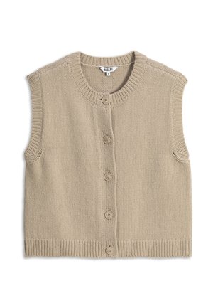 Veste sans manches en tricot beige avec cinq boutons sur le devant et bords côtelés, taille petite, fabriquée par Aigle.